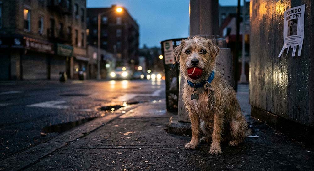 Cão perdido na rua com cartaz Perdido ao fundo — guia de emergência Axapetz